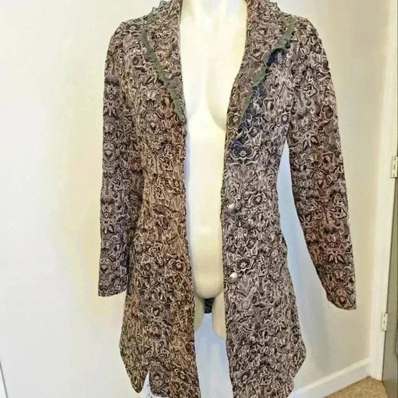 Papillon Los Angeles Tapestry Embroidered Ruffled Lace Green Brown Jacket Size M - Picture 6 of 13